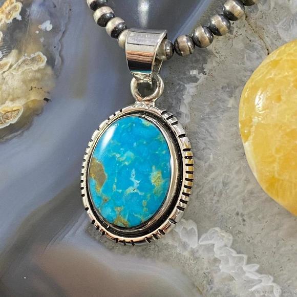 Native American Sterling Silver Blue Ridge Turquoise Oval Pendant For Women - Picture 5 of 10